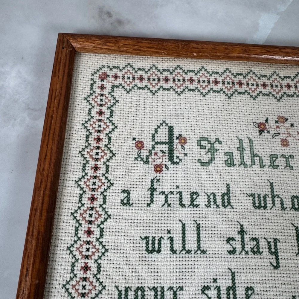 Vintage 1985 Finished Cross Stitch A Father is a Friend Poem Framed Father's Day